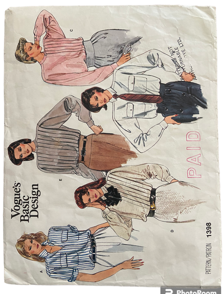 Vogue Basic Design 1398 vintage 1980s blouse sewing pattern. Bust 31.5 inches.