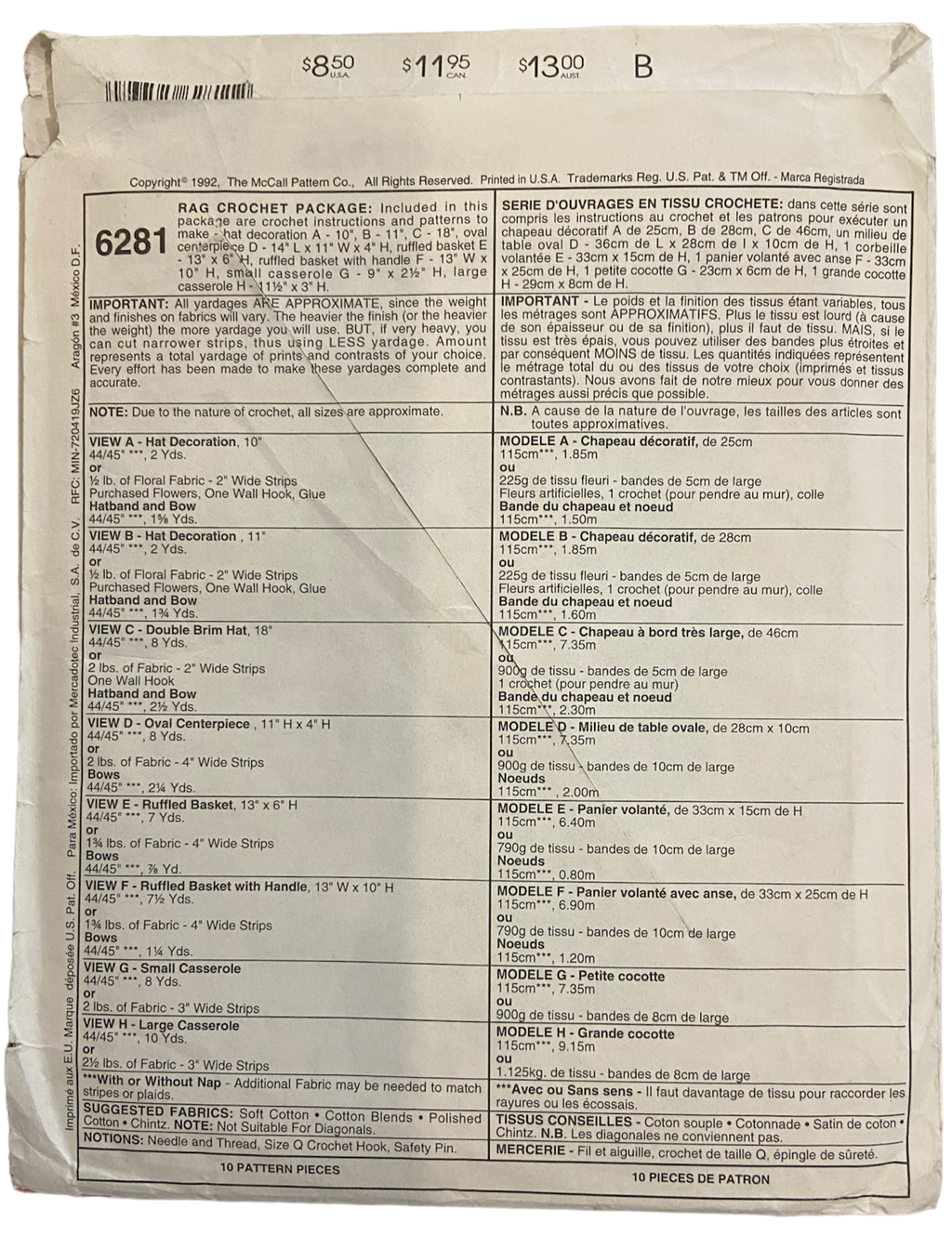 McCall's crafts 6281 vintage 1990s rag crochet package craft sewing pattern