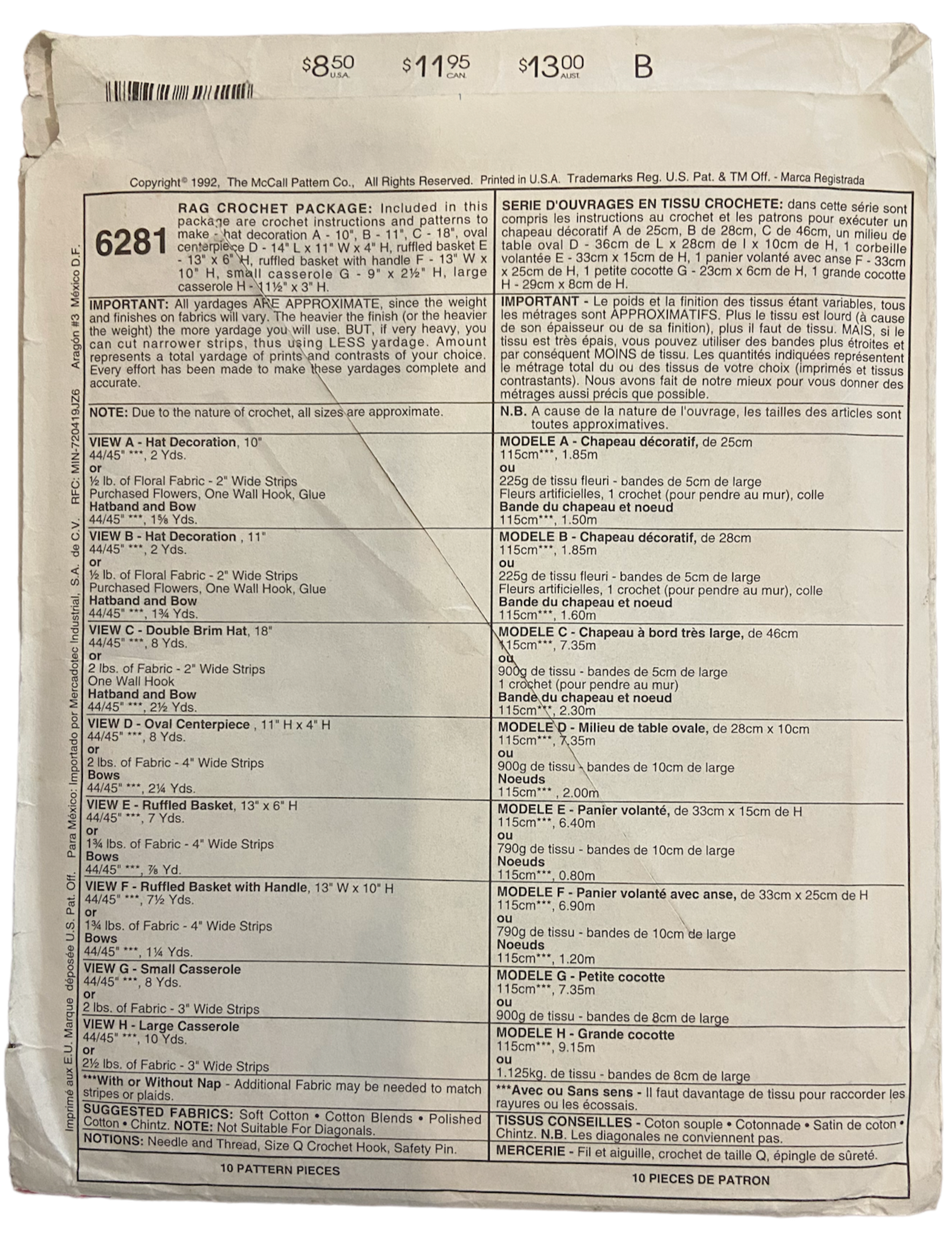 McCall's crafts 6281 vintage 1990s rag crochet package craft sewing pattern