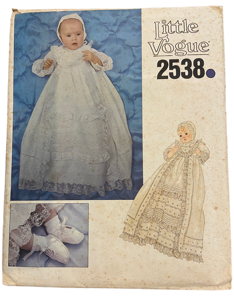 Vogue 2538 little vogue vintage 1980s christening dress and slip, bonnet and shoes sewing pattern