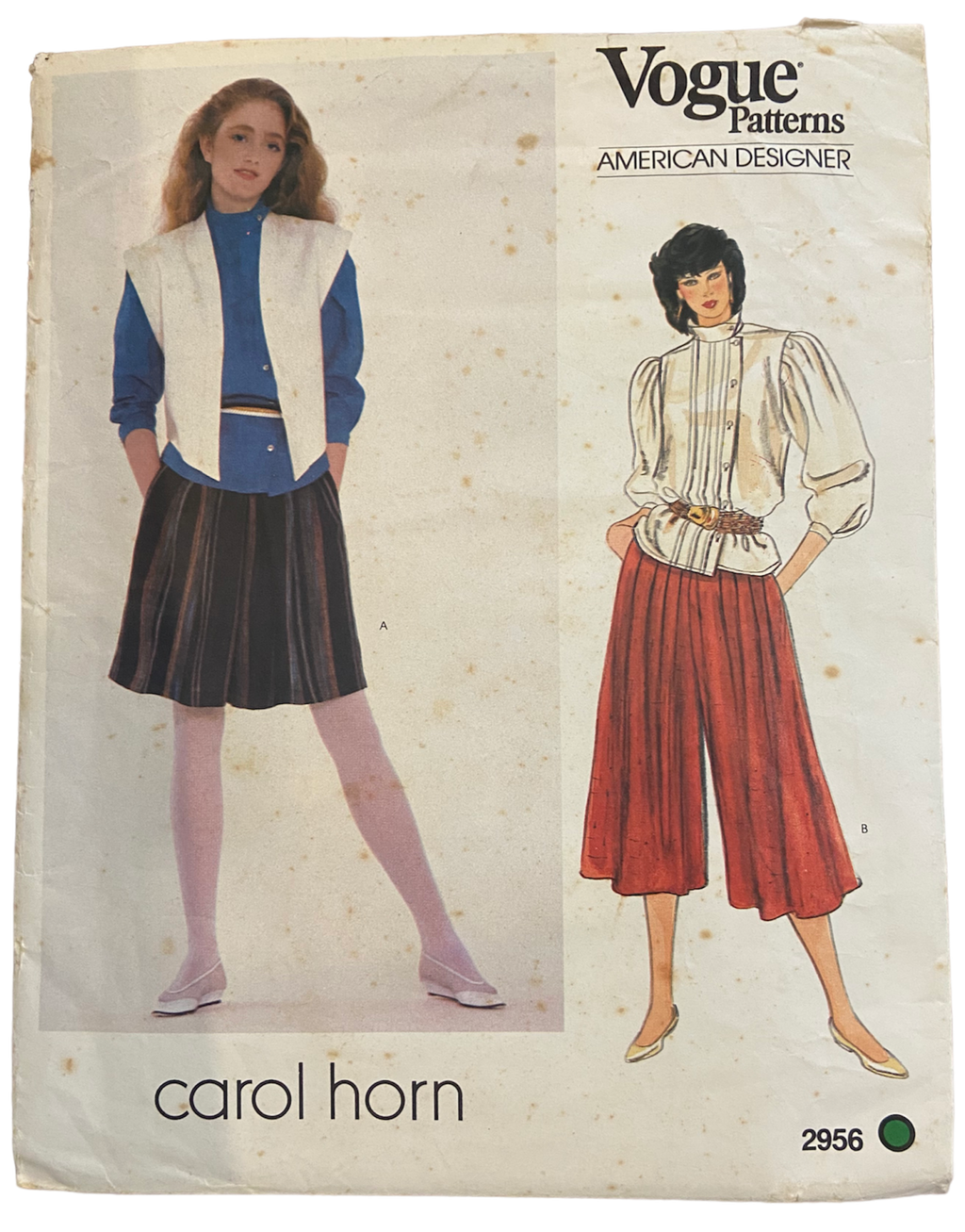 Vintage 1980s Vogue American Designer 2956 Carol Horn vest, blouse and culottes pattern. Bust 32.5 inches.