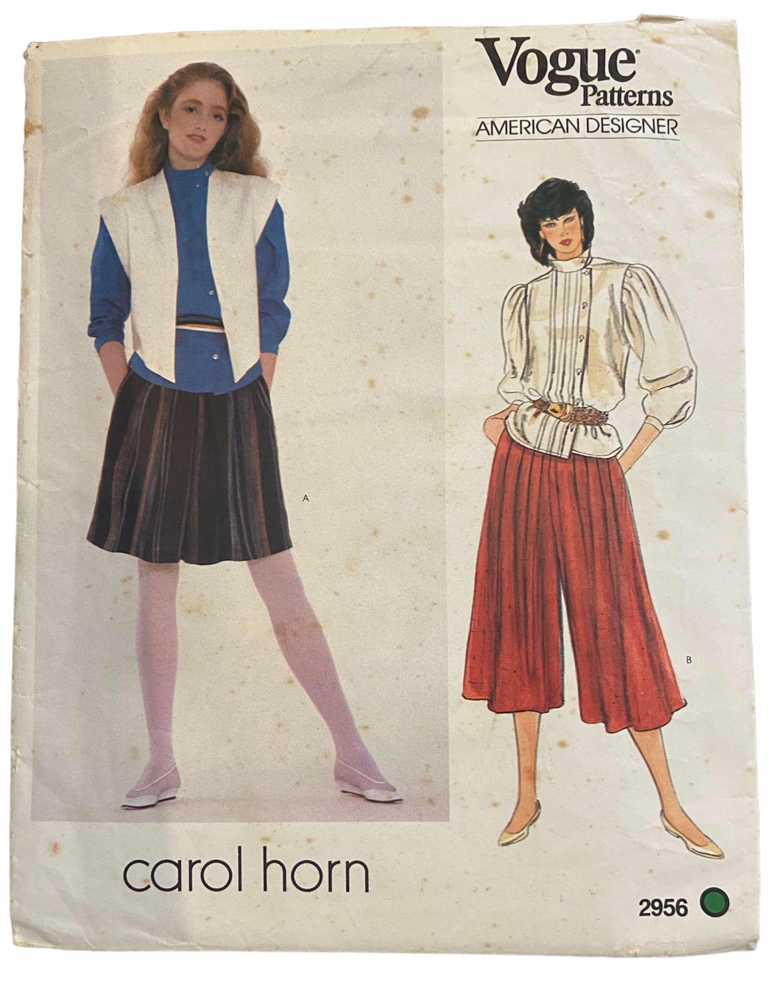 Vintage 1980s Vogue American Designer 2956 Carol Horn vest, blouse and culottes pattern. Bust 32.5 inches.