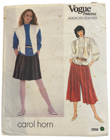 Vintage 1980s Vogue American Designer 2956 Carol Horn vest, blouse and culottes pattern. Bust 32.5 inches.