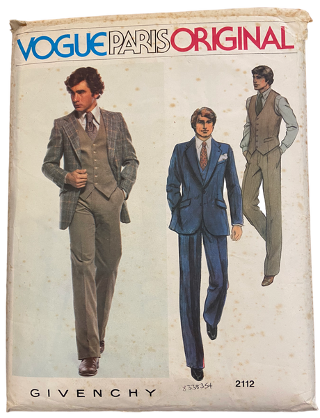 Vogue 2112 vintage 1970s Vogue Paris Original Givenchy men's jacket, vest and pants sewing pattern Chest 38 inches