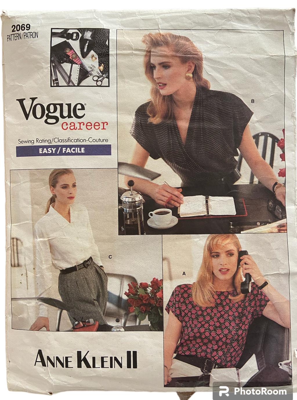 Vintage 1980s Vogue career 2069 Anne Klein blouse sewing pattern Bust 30.5, 1.5, 32.5 inches
