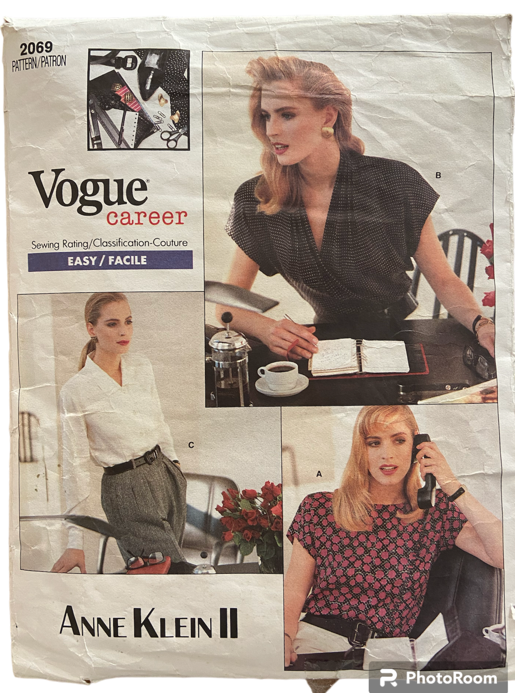 Vintage 1980s Vogue career 2069 Anne Klein blouse sewing pattern Bust 30.5, 1.5, 32.5 inches