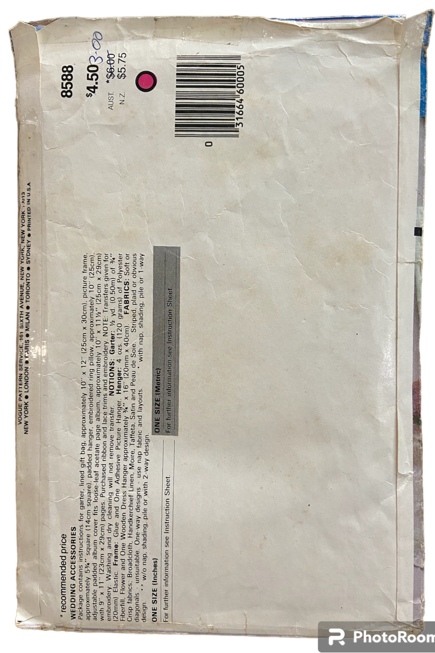 Vogue 8588 vintage 1980s wedding accessories craft sewing pattern