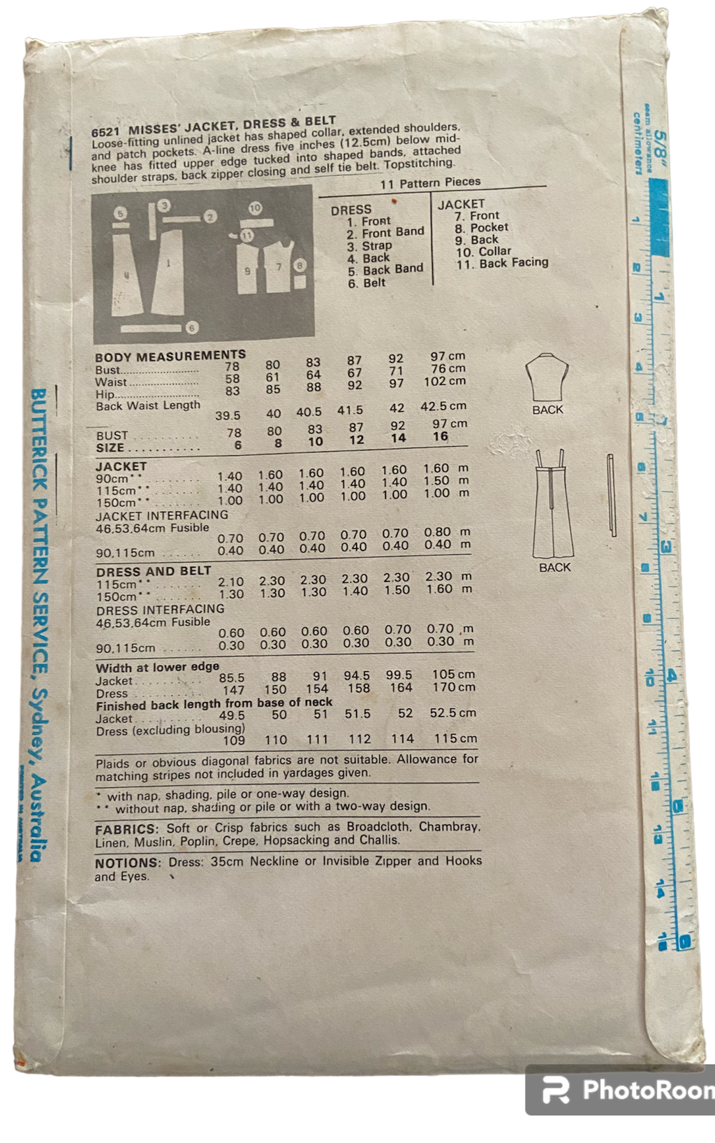 Butterick 6521 vintage 1980s dress and jacket sewing pattern. Bust 34