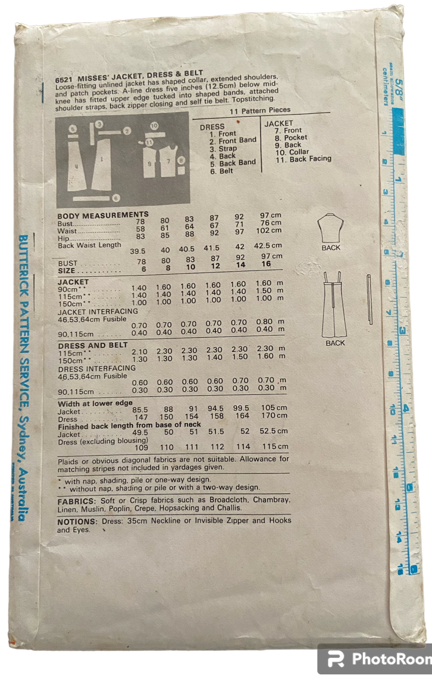 Butterick 6521 vintage 1980s dress and jacket sewing pattern. Bust 34