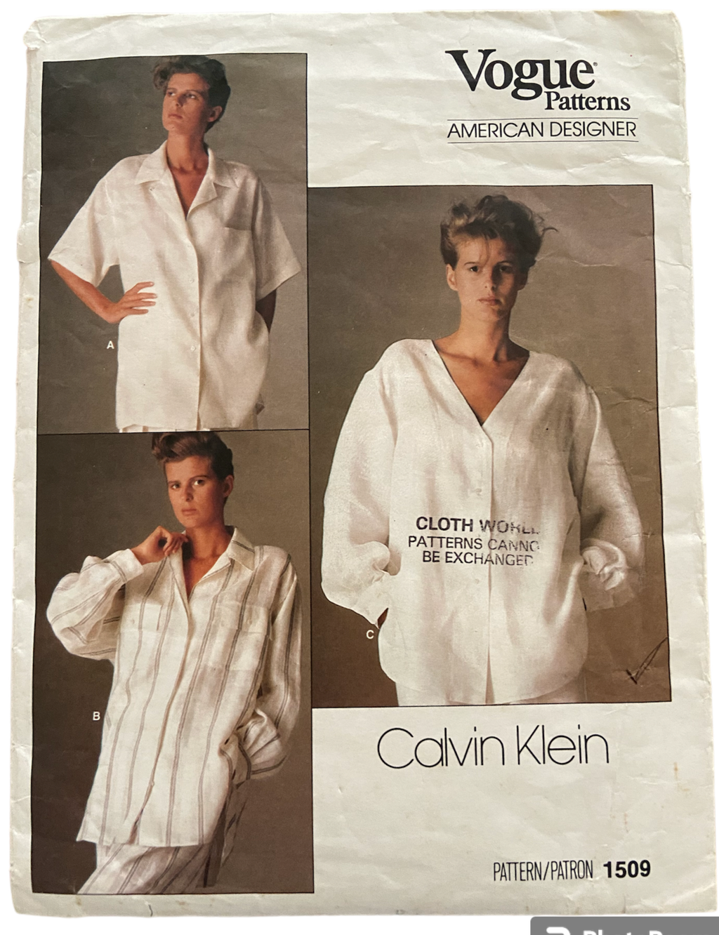 Vogue 1509 vintage 1980s designer Calvin Klein shirt sewing pattern  Bust 34 inches