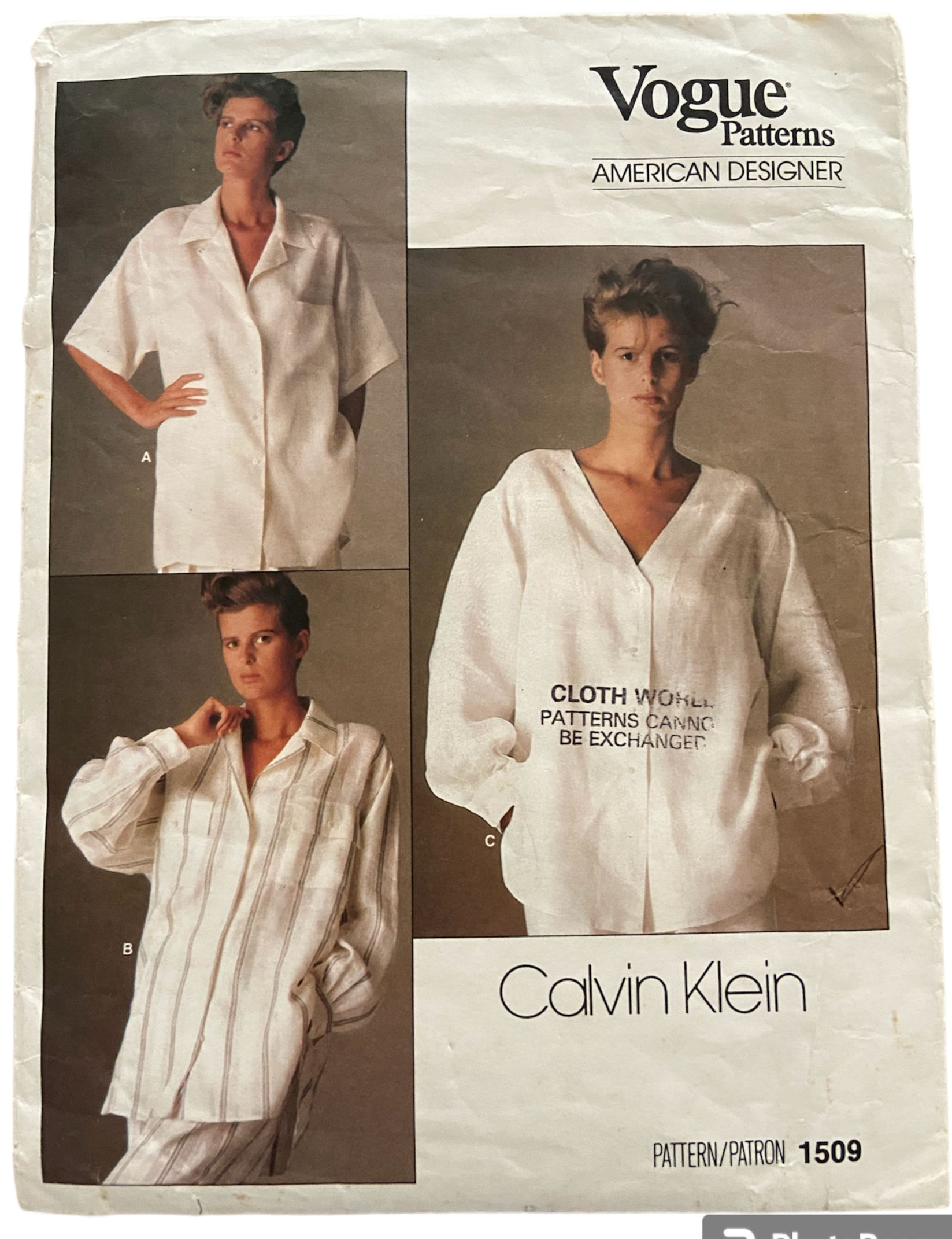 Vogue 1509 vintage 1980s designer Calvin Klein shirt sewing pattern  Bust 34 inches