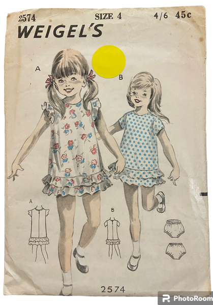 Weigel's 2574 vintage 1960s child's dress and pants sewing pattern. Size 4 years