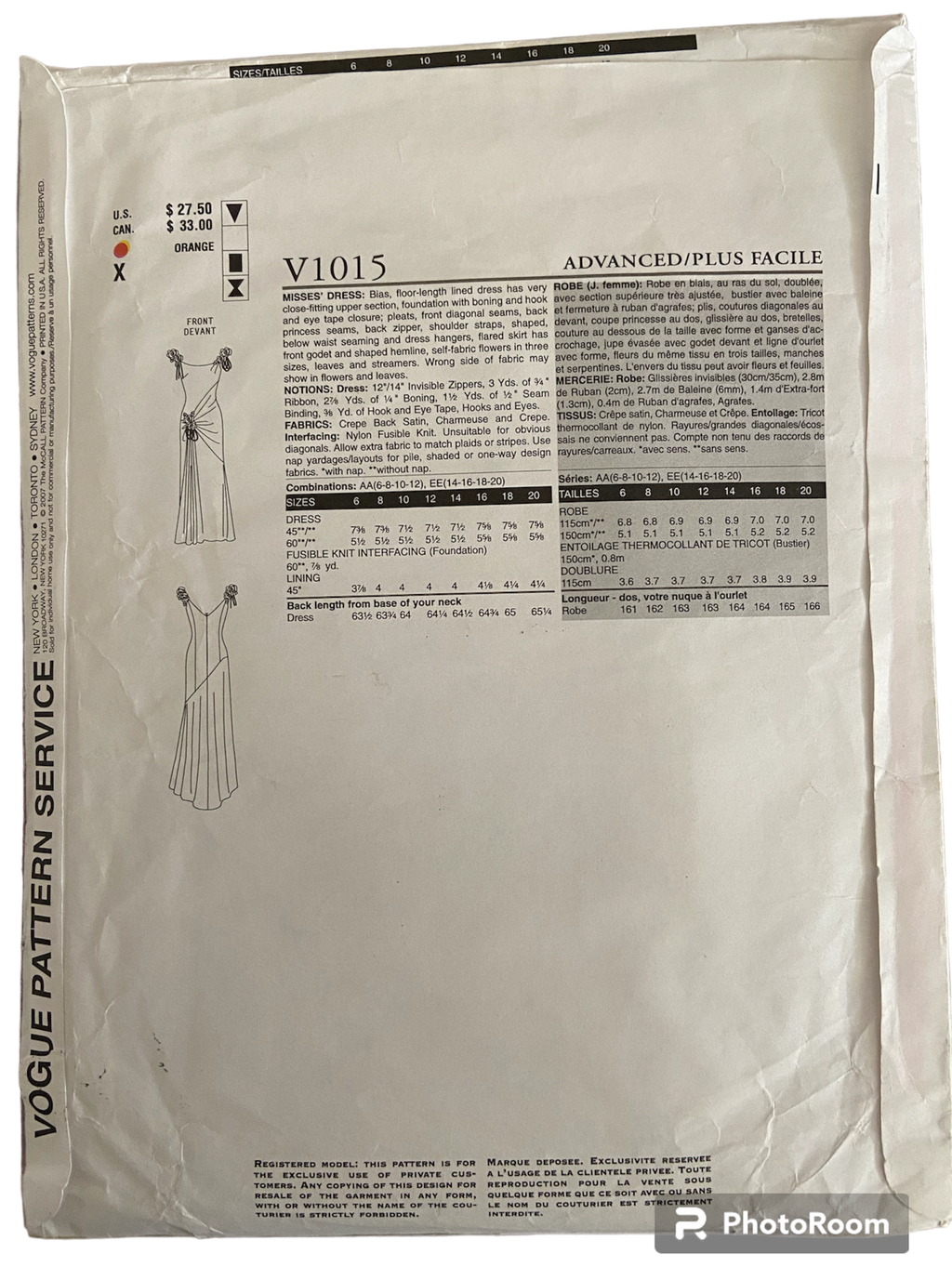 Vogue v1015 vintage 2000s Bellville Sassoon dress sewing pattern. Bust 30.5, 31.5, 32.5, 34 inches