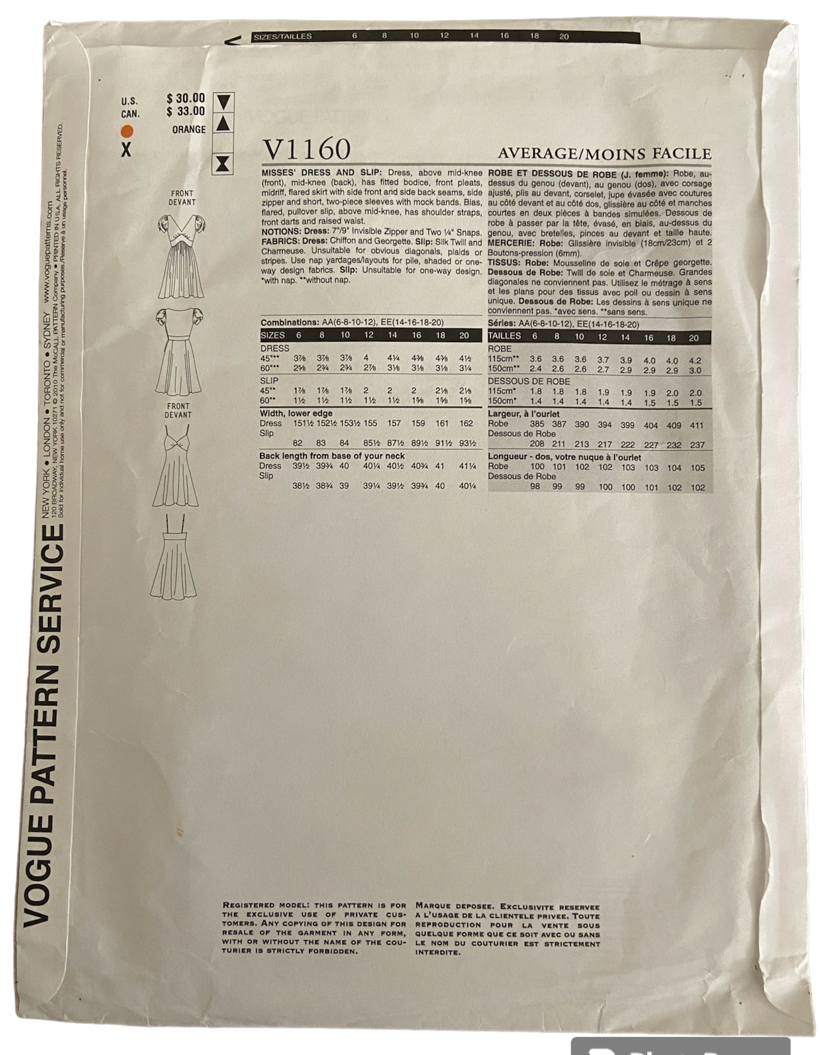Vogue v1160 vintage 2000s DKNY Donna Karan New York dress and slip sewing pattern. Bust 30.5, 31.5, 32.5, 34 inches