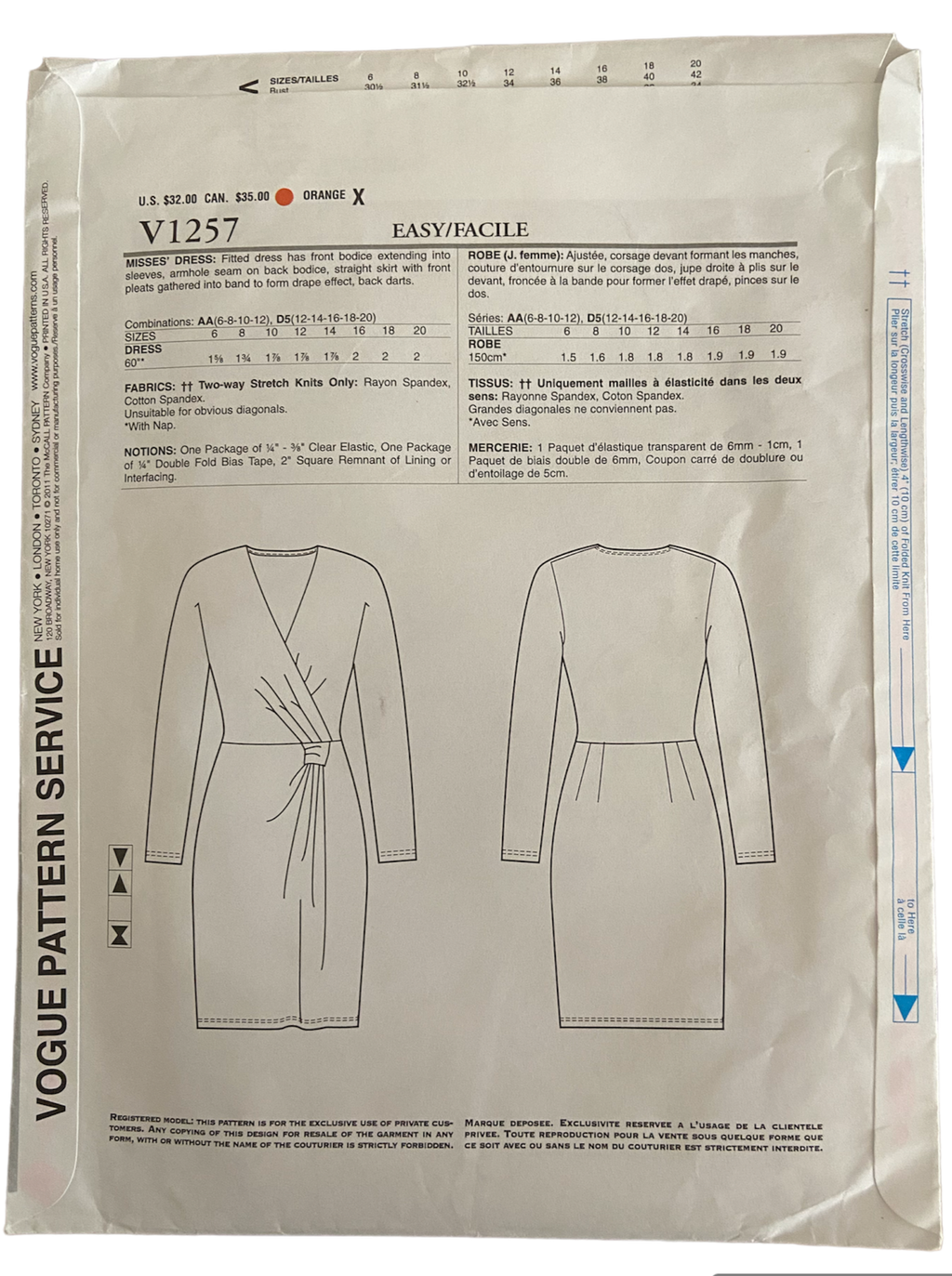 Vogue v1257 vintage 2000s Donna Karan wrap dress pattern Bust 30.5, 31.5, 32.5, 34 inches