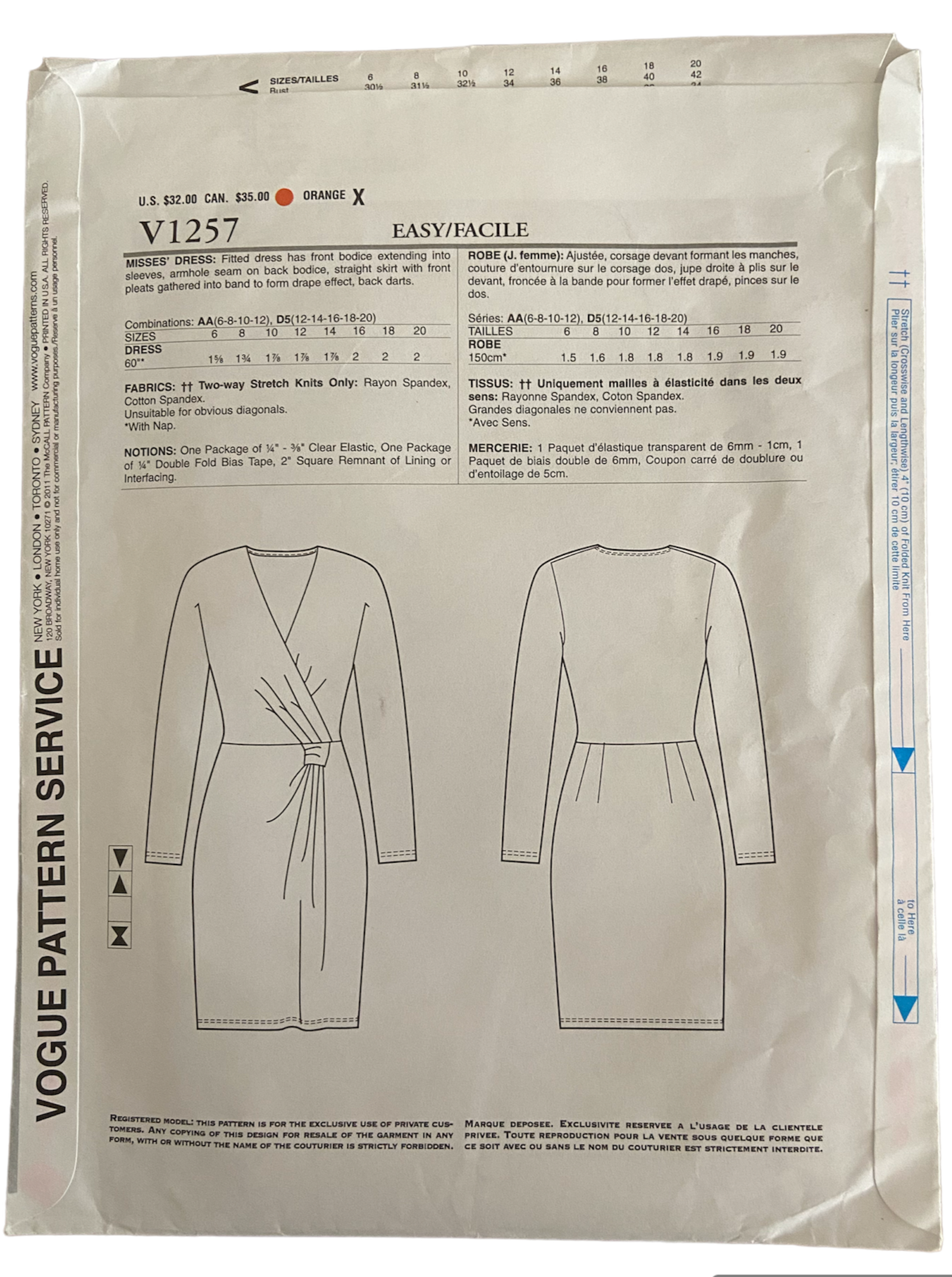 Vogue v1257 vintage 2000s Donna Karan wrap dress pattern Bust 30.5, 31.5, 32.5, 34 inches