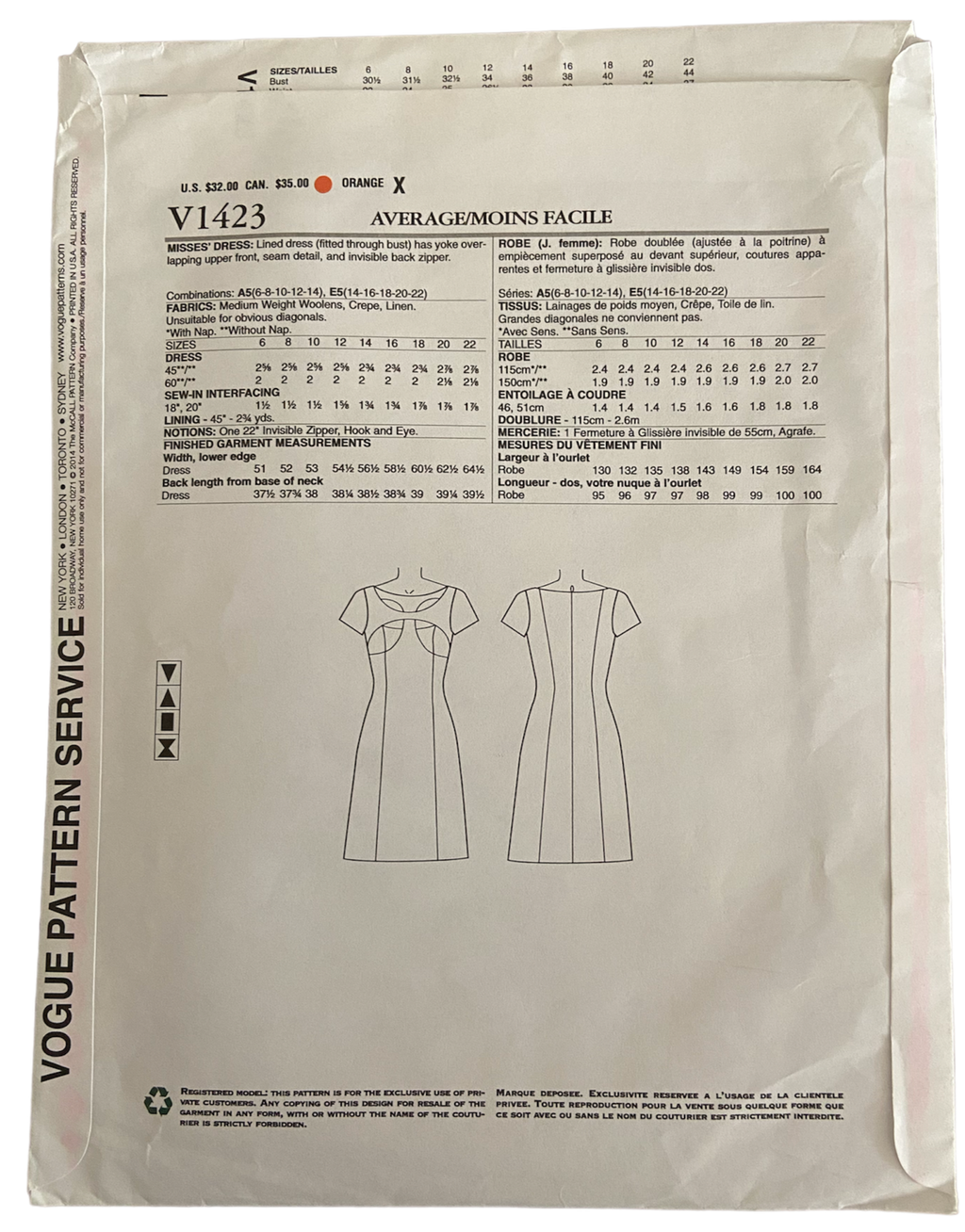 Vogue v1423 vintage 2000s Lorcan Mullany for Bellville Sassoon dress sewing pattern. Bust 30.5, 31.5, 32.5, 34, 36 inches