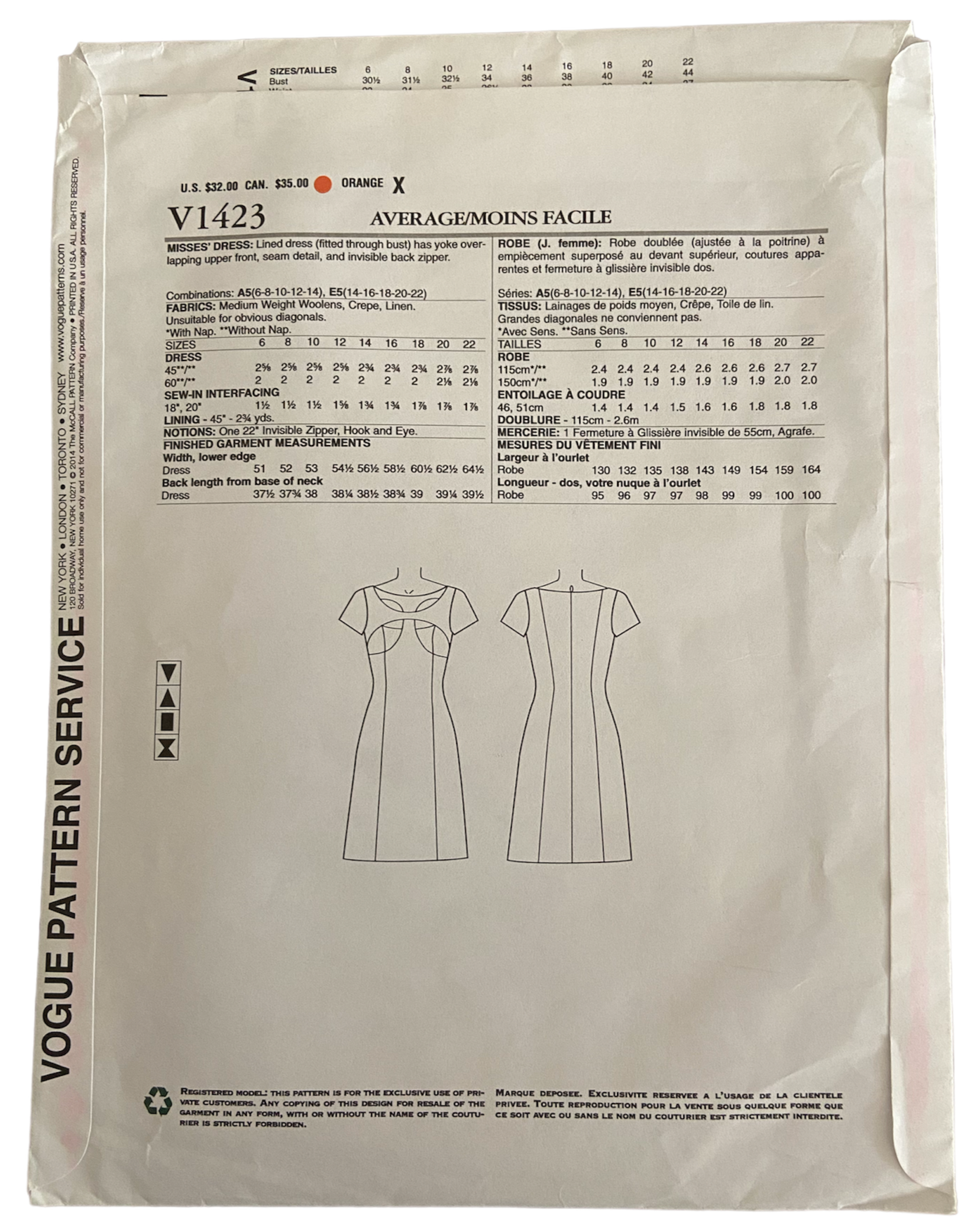 Vogue v1423 vintage 2000s Lorcan Mullany for Bellville Sassoon dress sewing pattern. Bust 30.5, 31.5, 32.5, 34, 36 inches