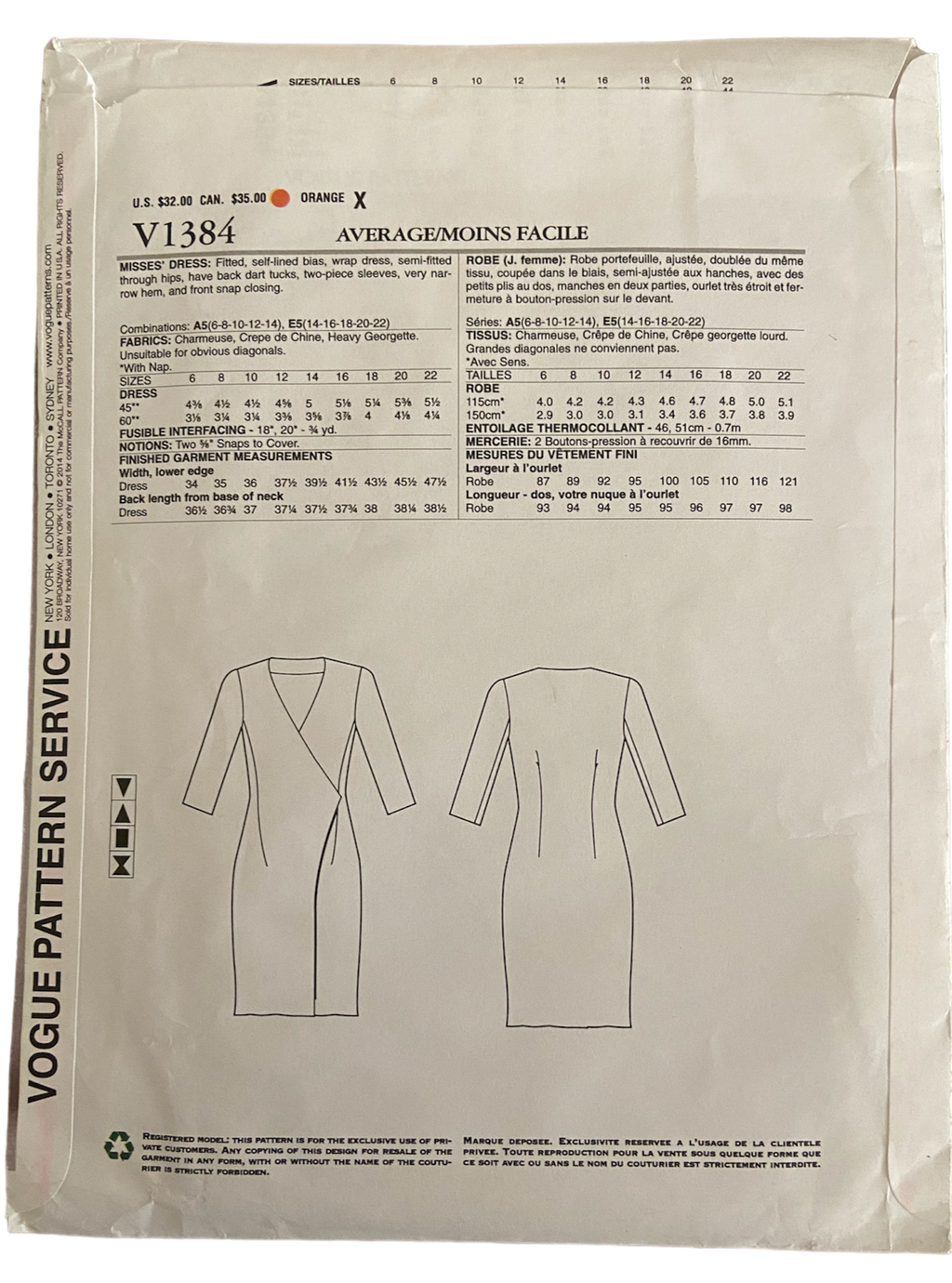 Vogue v1384 vintage 2000s Donna Karan wrap dress pattern Bust 30.5, 31.5, 32.5, 34, 36 inches
