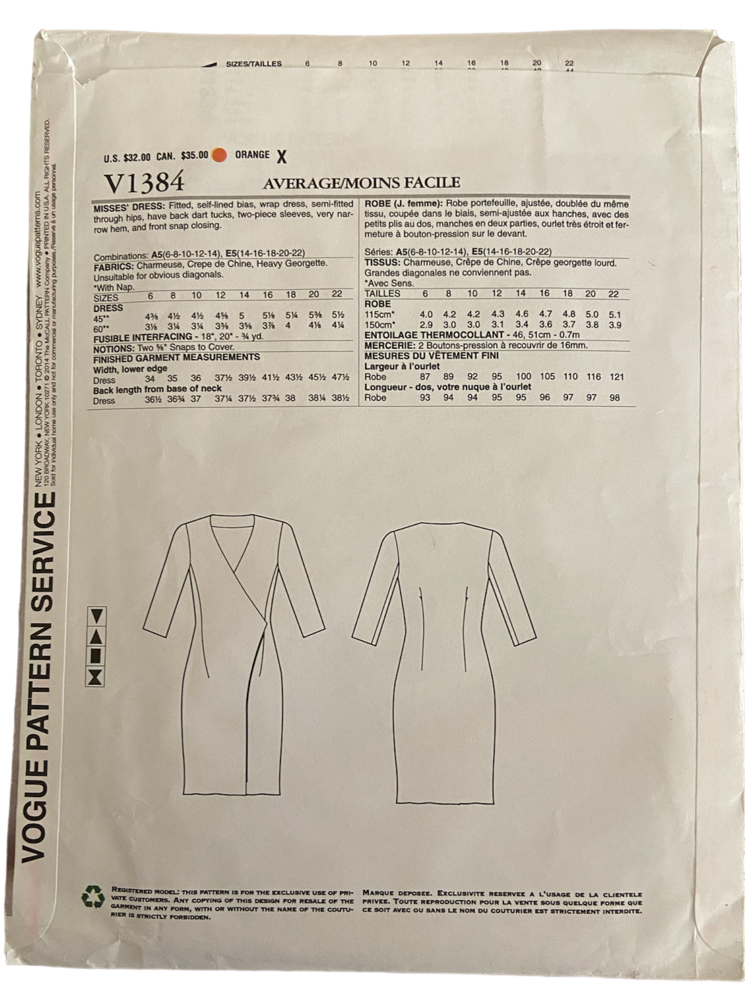 Vogue v1384 vintage 2000s Donna Karan wrap dress pattern Bust 30.5, 31.5, 32.5, 34, 36 inches