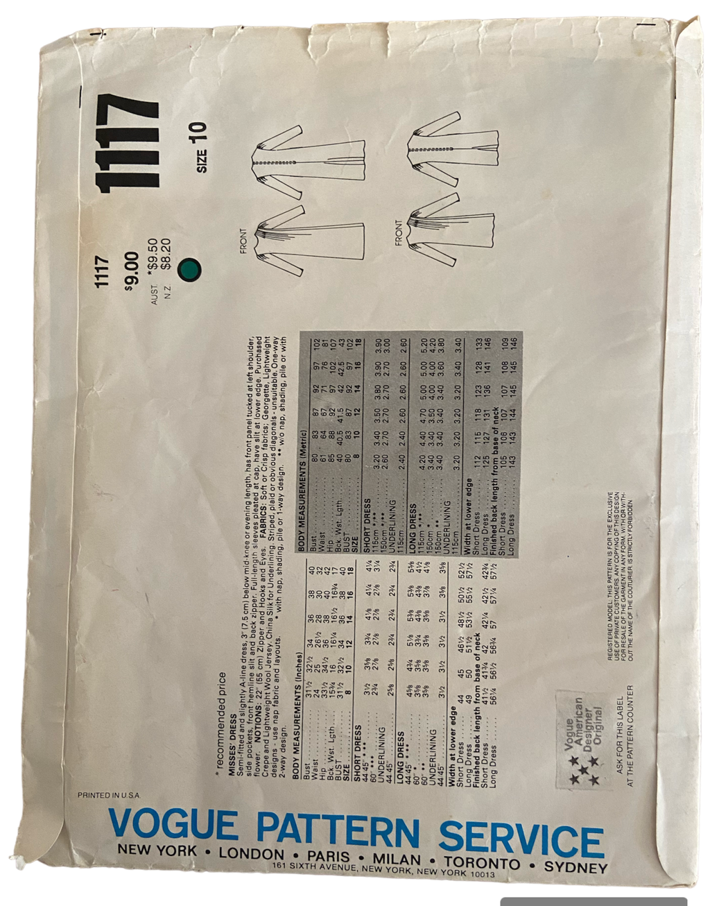 Vogue 1117 vintage 1980s Vogue American Designer Jerry Silverman dress sewing pattern Bust 32.5 inches