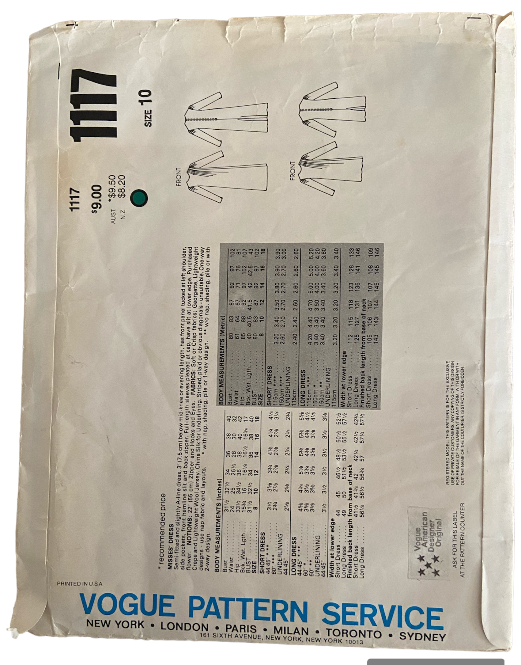 Vogue 1117 vintage 1980s Vogue American Designer Jerry Silverman dress sewing pattern Bust 32.5 inches