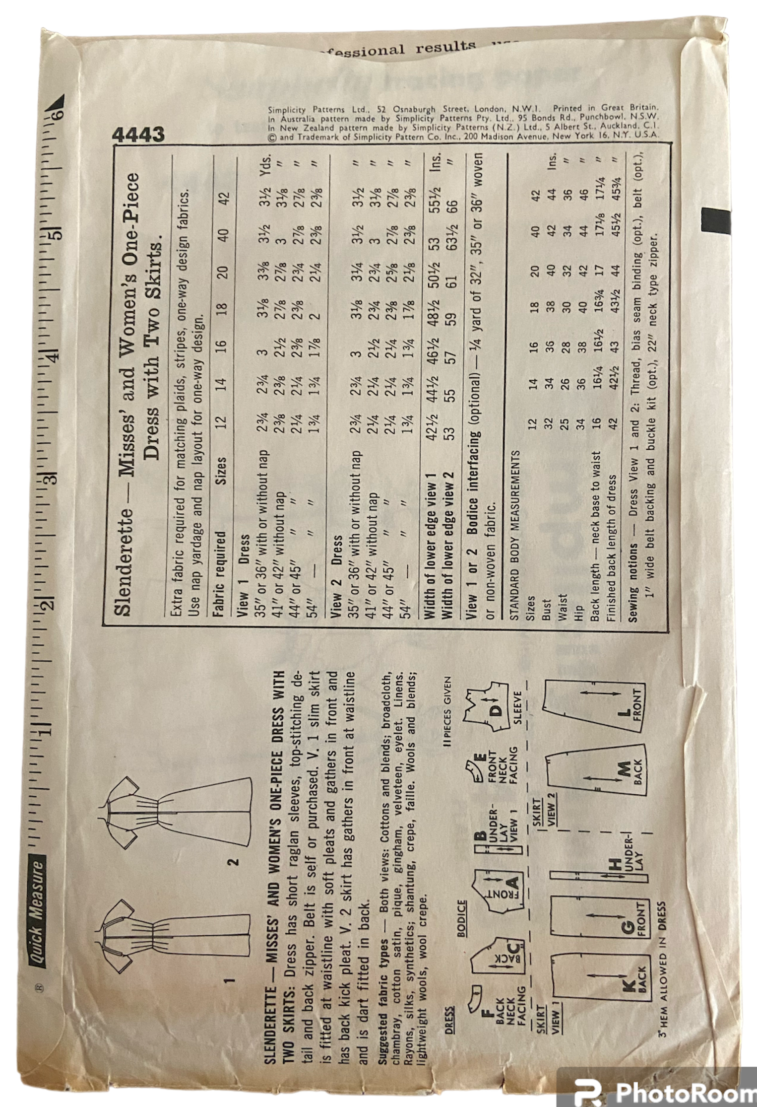 Simplicity 4443 vintage 1960s dress pattern. Bust 32 inches