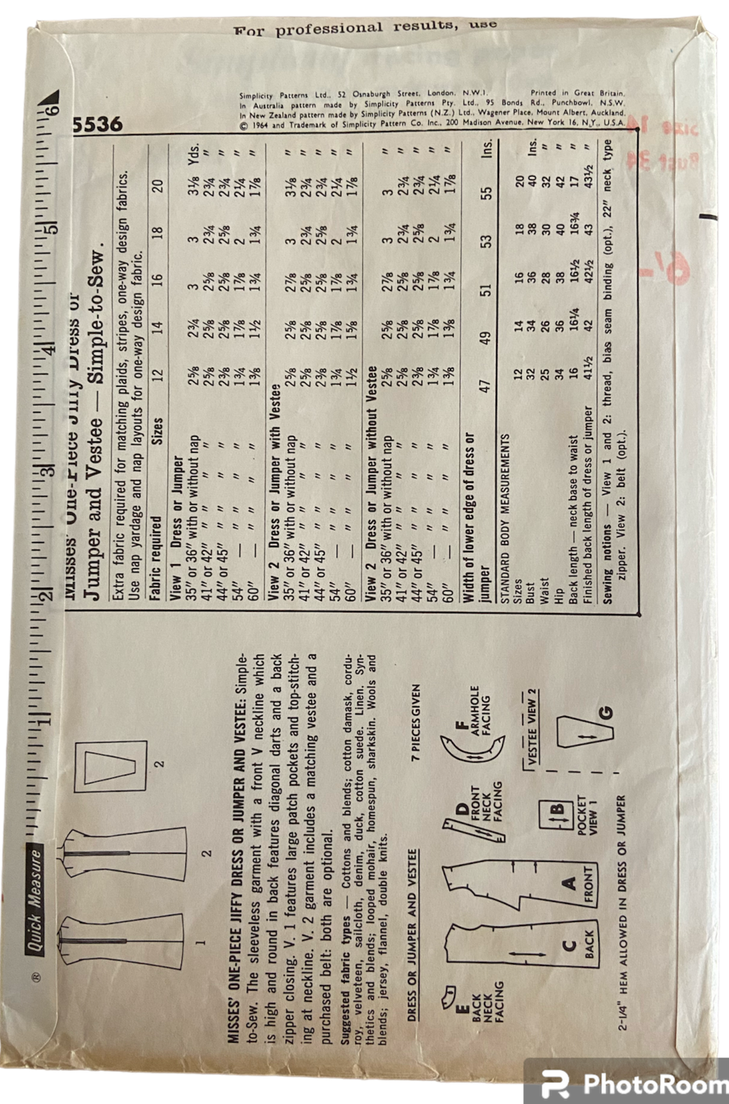 Simplicity 5536 vintage 1960s jiffy dress sewing pattern. Bust 34 inches