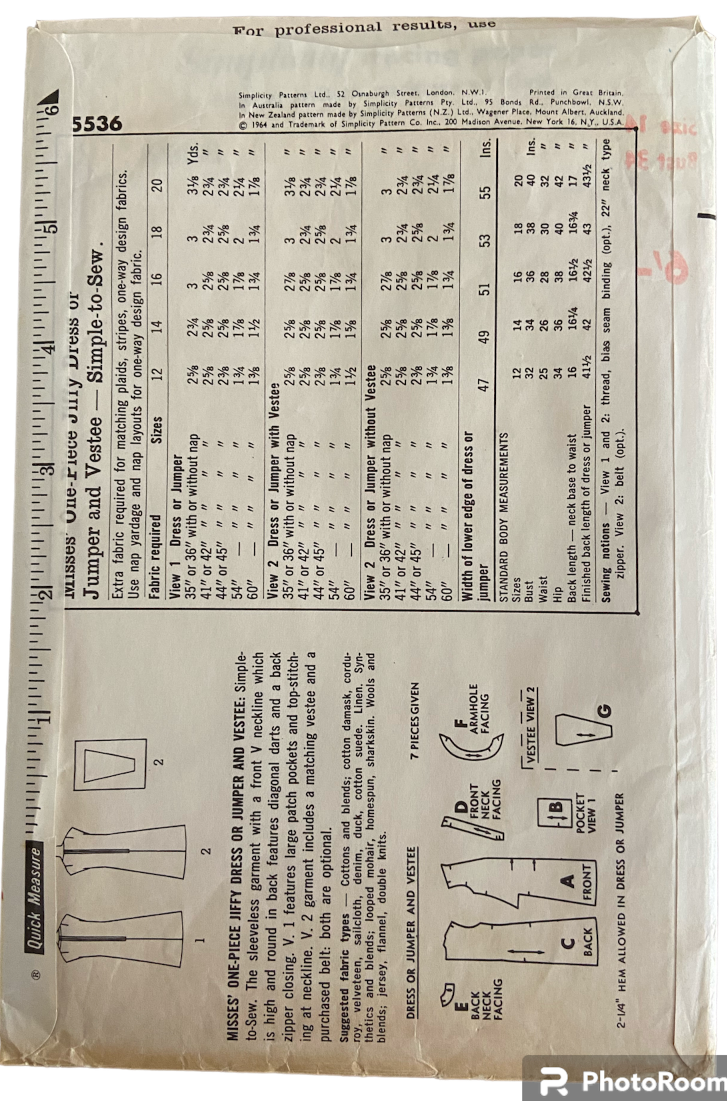Simplicity 5536 vintage 1960s jiffy dress sewing pattern. Bust 34 inches