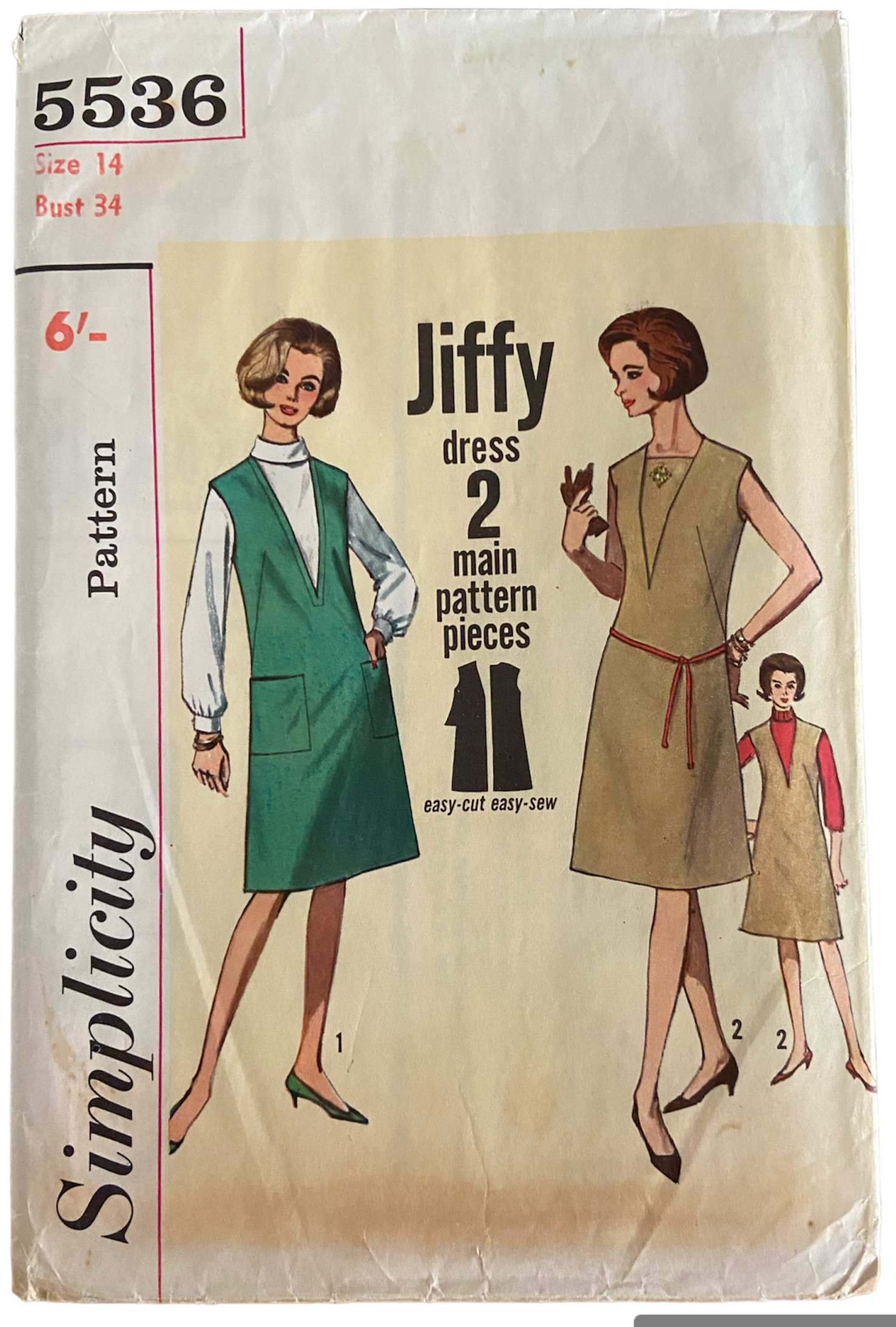 Simplicity 5536 vintage 1960s jiffy dress sewing pattern. Bust 34 inches