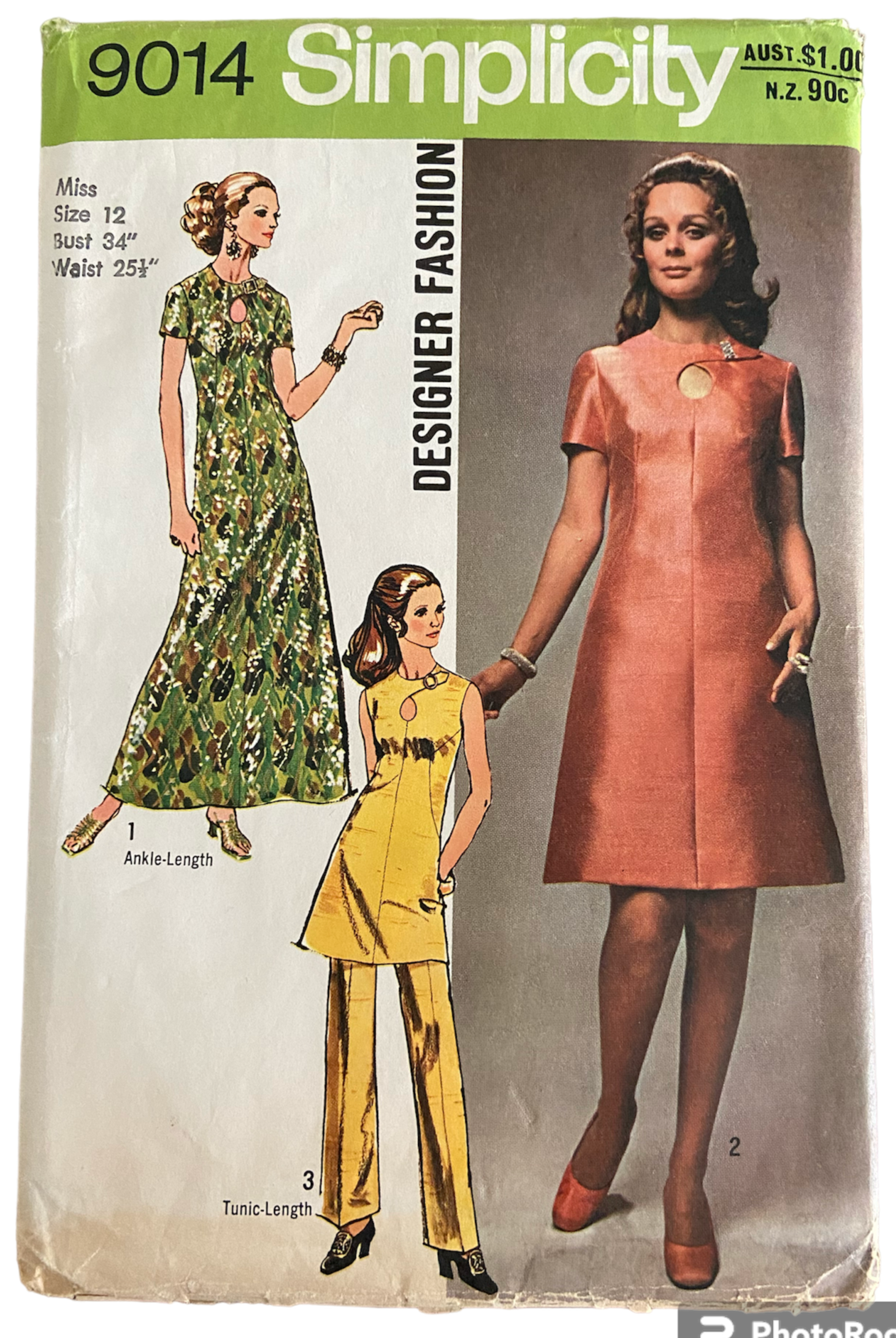 Simplicity 9014 vintage 1970s dress tunic and pants pattern. Bust 34 inches