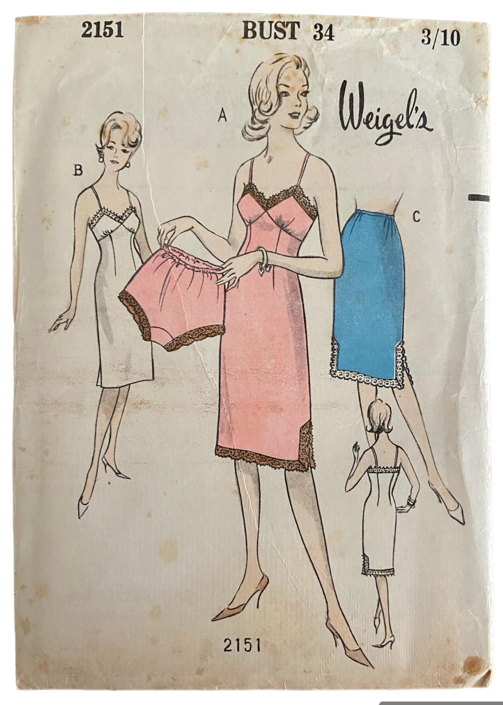 Weigel's 2151 vintage 1950s slip, half slip and briefs sewing pattern 34 inch bust