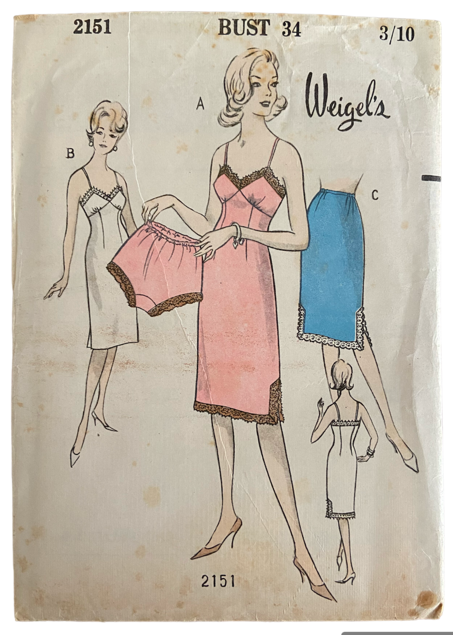 Weigel's 2151 vintage 1950s slip, half slip and briefs sewing pattern 34 inch bust