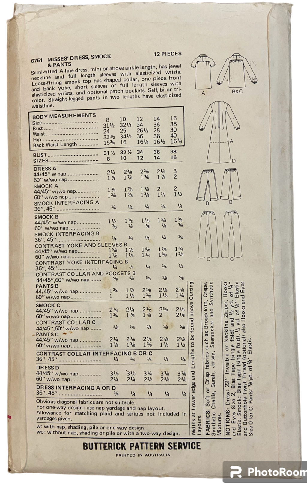 Butterick 6751 vintage 1970s dress smock and pants pattern. Bust 34 inches