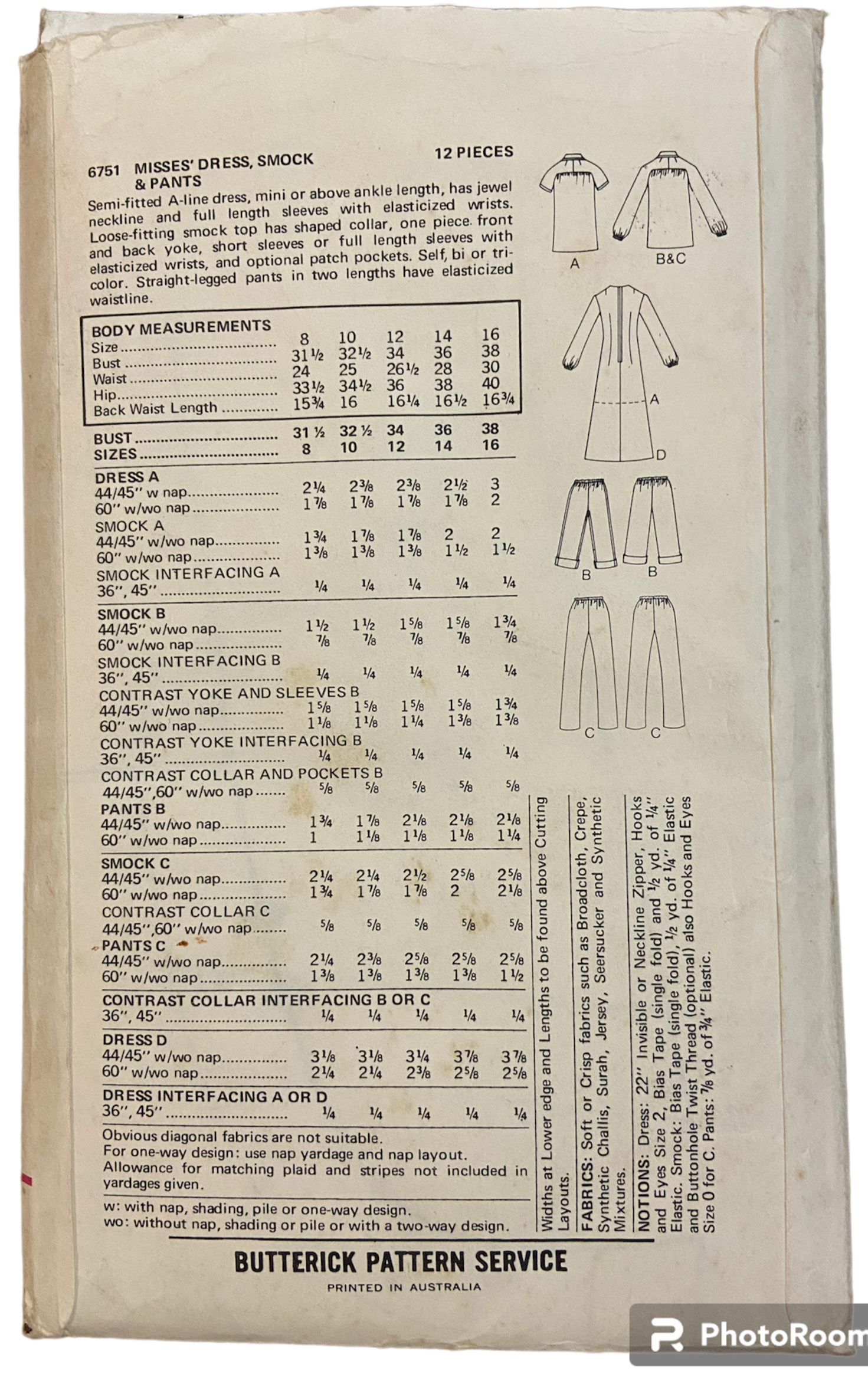 Butterick 6751 vintage 1970s dress smock and pants pattern. Bust 34 inches