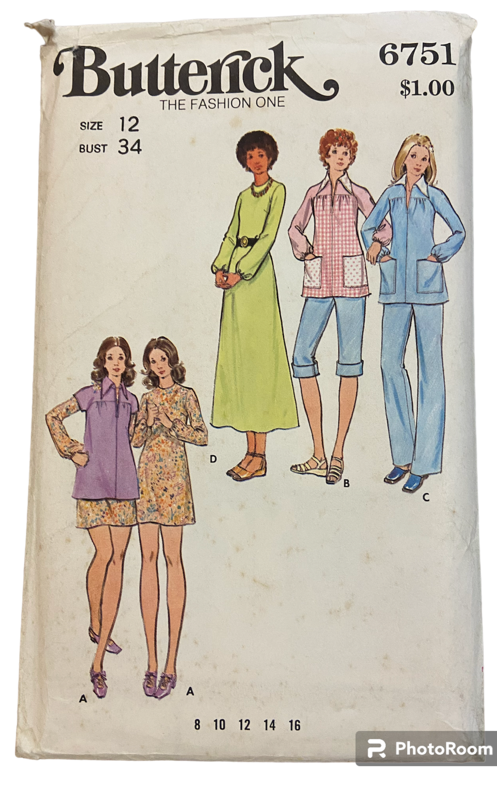 Butterick 6751 vintage 1970s dress smock and pants pattern. Bust 34 inches
