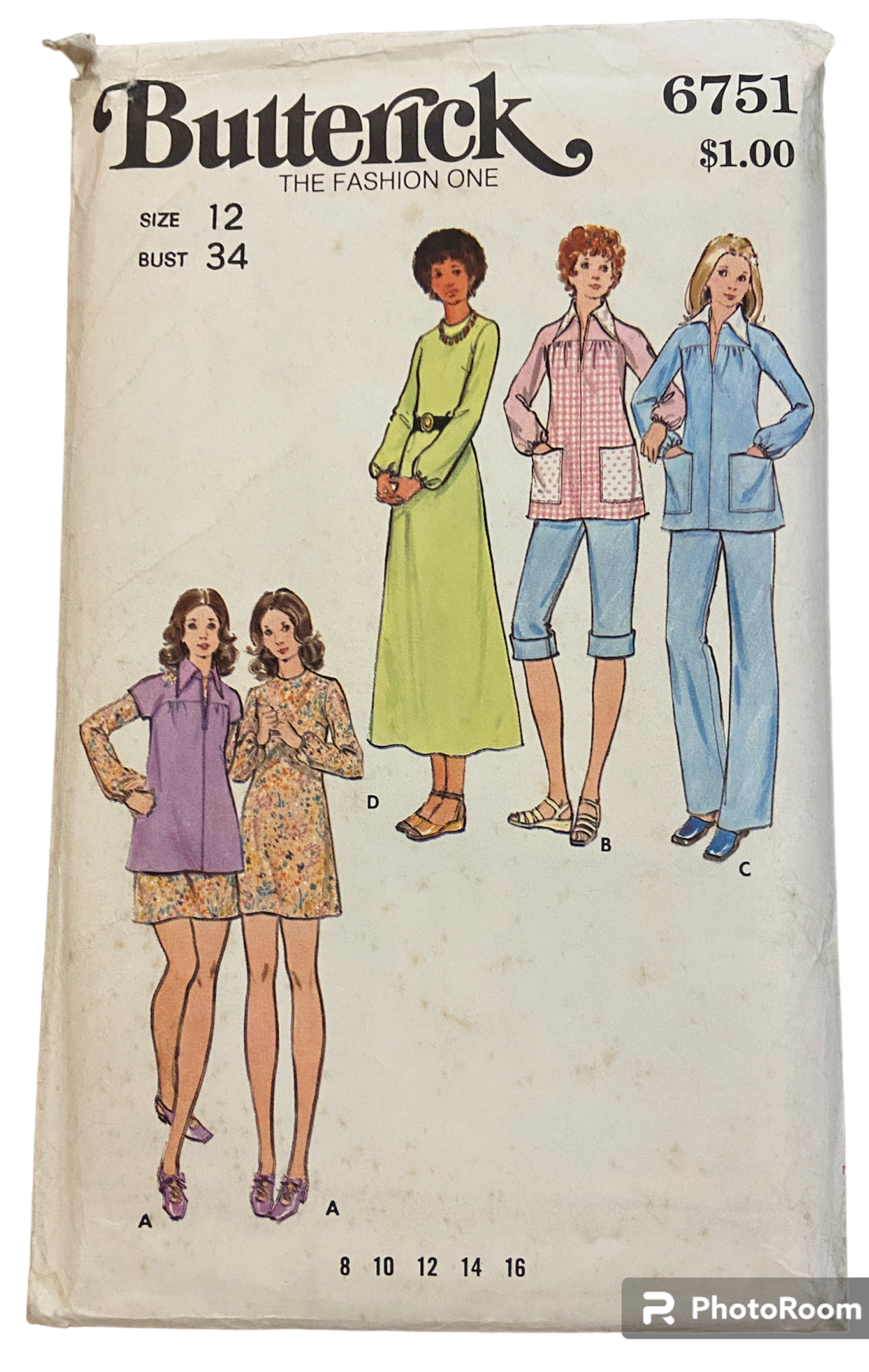 Butterick 6751 vintage 1970s dress smock and pants pattern. Bust 34 inches