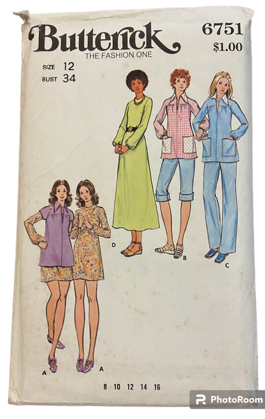 Butterick 6751 vintage 1970s dress smock and pants pattern. Bust 34 inches