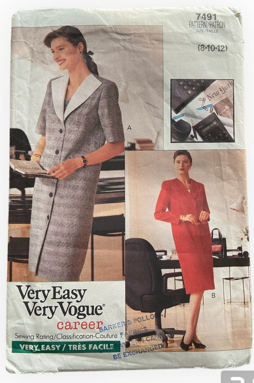 Vogue career 7491 vintage 1990s dress sewing pattern. Bust 36, 38, 40 inches