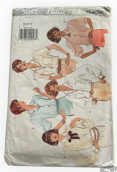 Butterick 3642 vintage 1990s blouse sewing pattern. Bust 31.5, 32.5, 34 inches