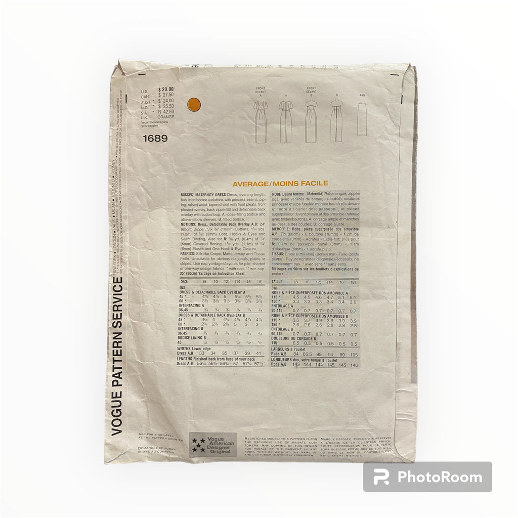 Vogue 1689 Maternity Designer Lauren Sara vintage 1990s evening dresses sewing pattern Bust 31.5, 32.5, 34 inches