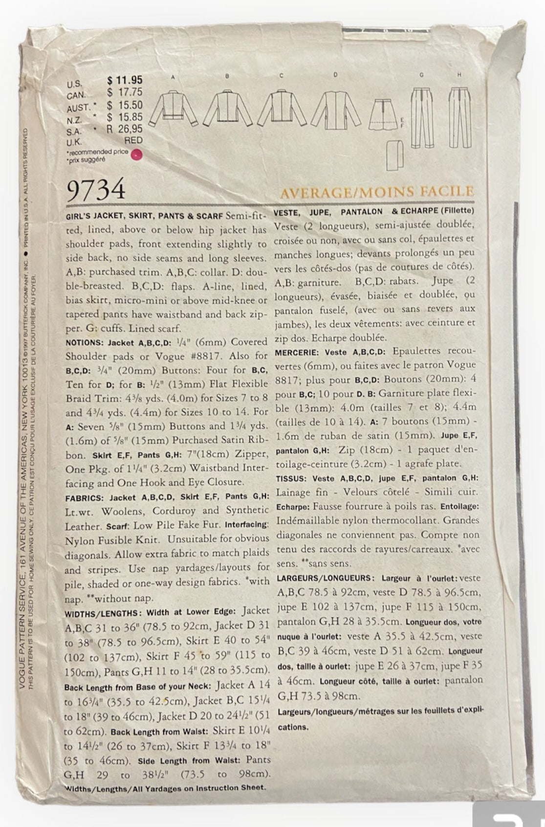 Vogue 9734 Vogue for Me vintage 1990s child's jacket, skirt, pants and scarf sewing pattern Breast 30, 32 inches