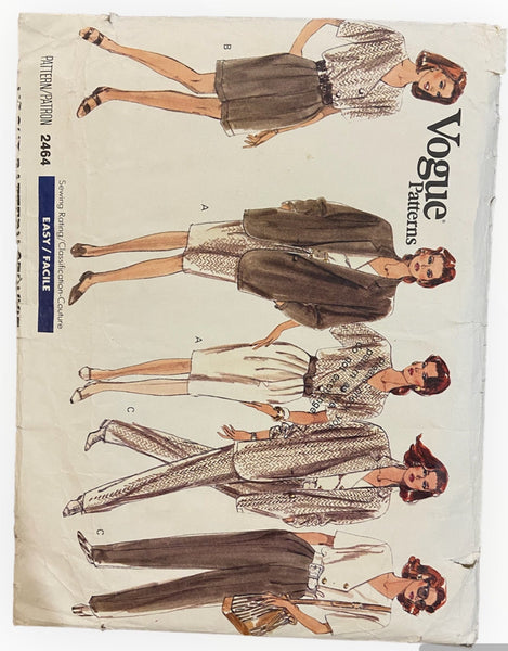 Vogue 2464 vintage 1990s jacket, top, skirt, shorts and pants sewing pattern Bust 31.5, 32.5, 34 inches