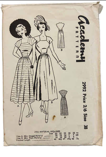 Academy 2992 vintage 1940s or 1950s dress sewing pattern. Bust 38 inches