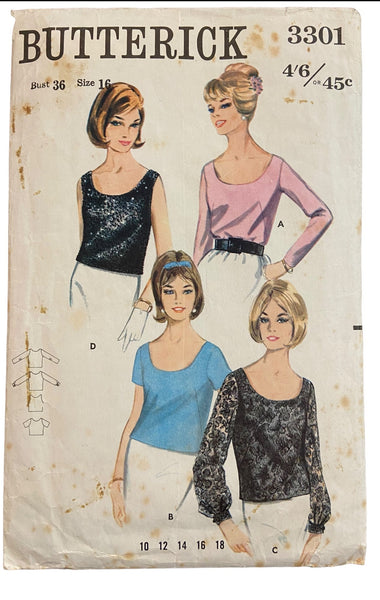 Butterick 3301 1960s blouse pattern. Bust 36 inches