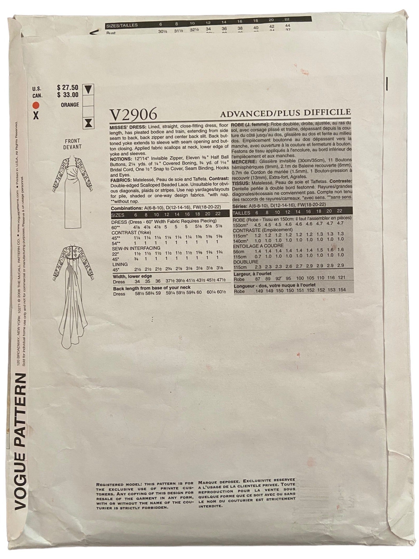 Vogue Bridal Original v2906 vintage 2000s Bellville Sassoon bridal dress sewing pattern. Bust 40, 42, 44 inches
