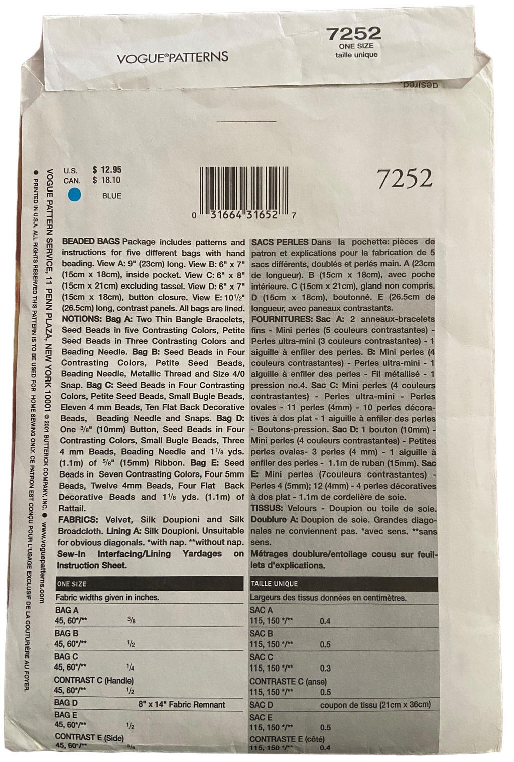 Vogue 7252 vintage 2000s beaded bags sewing pattern