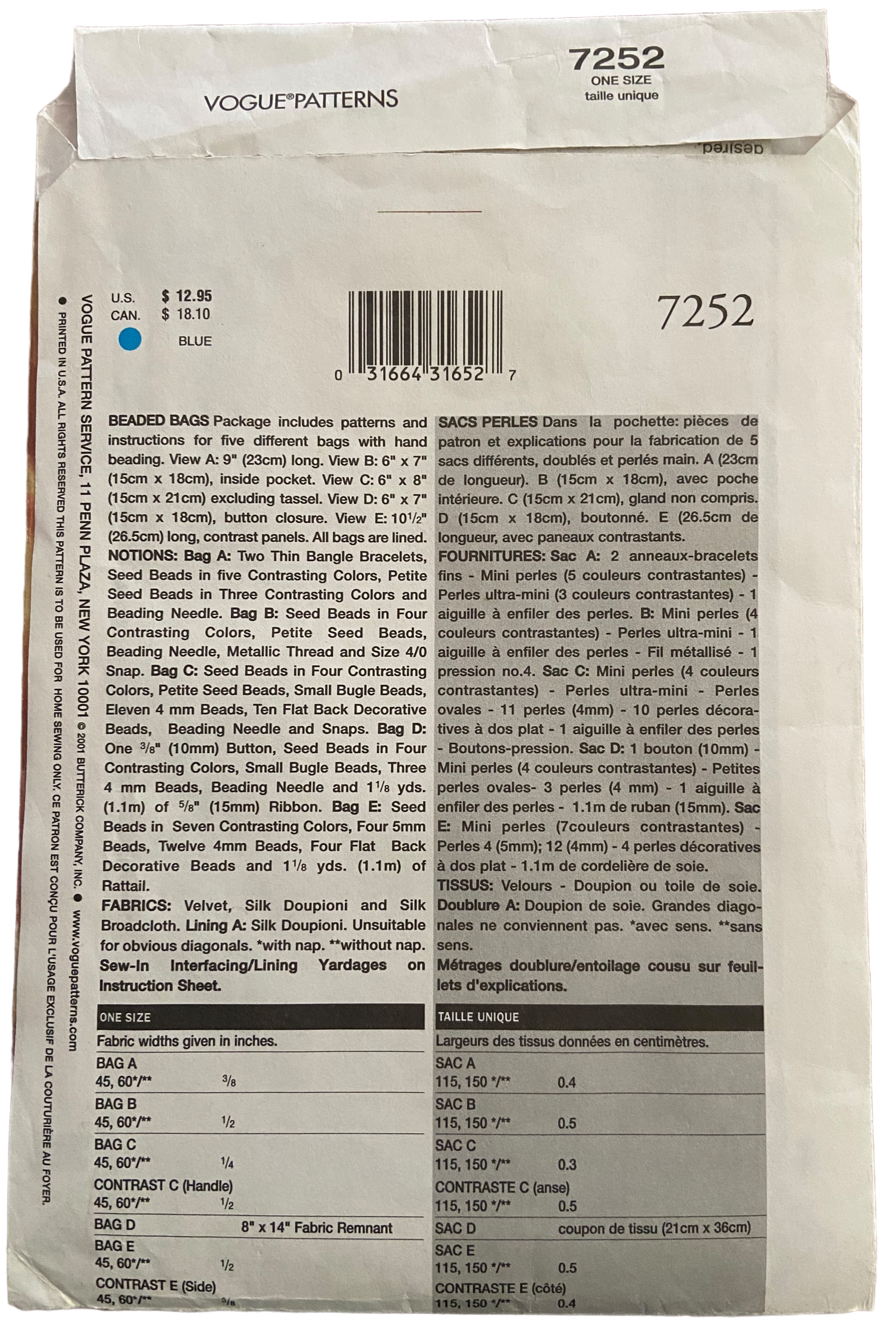 Vogue 7252 vintage 2000s beaded bags sewing pattern