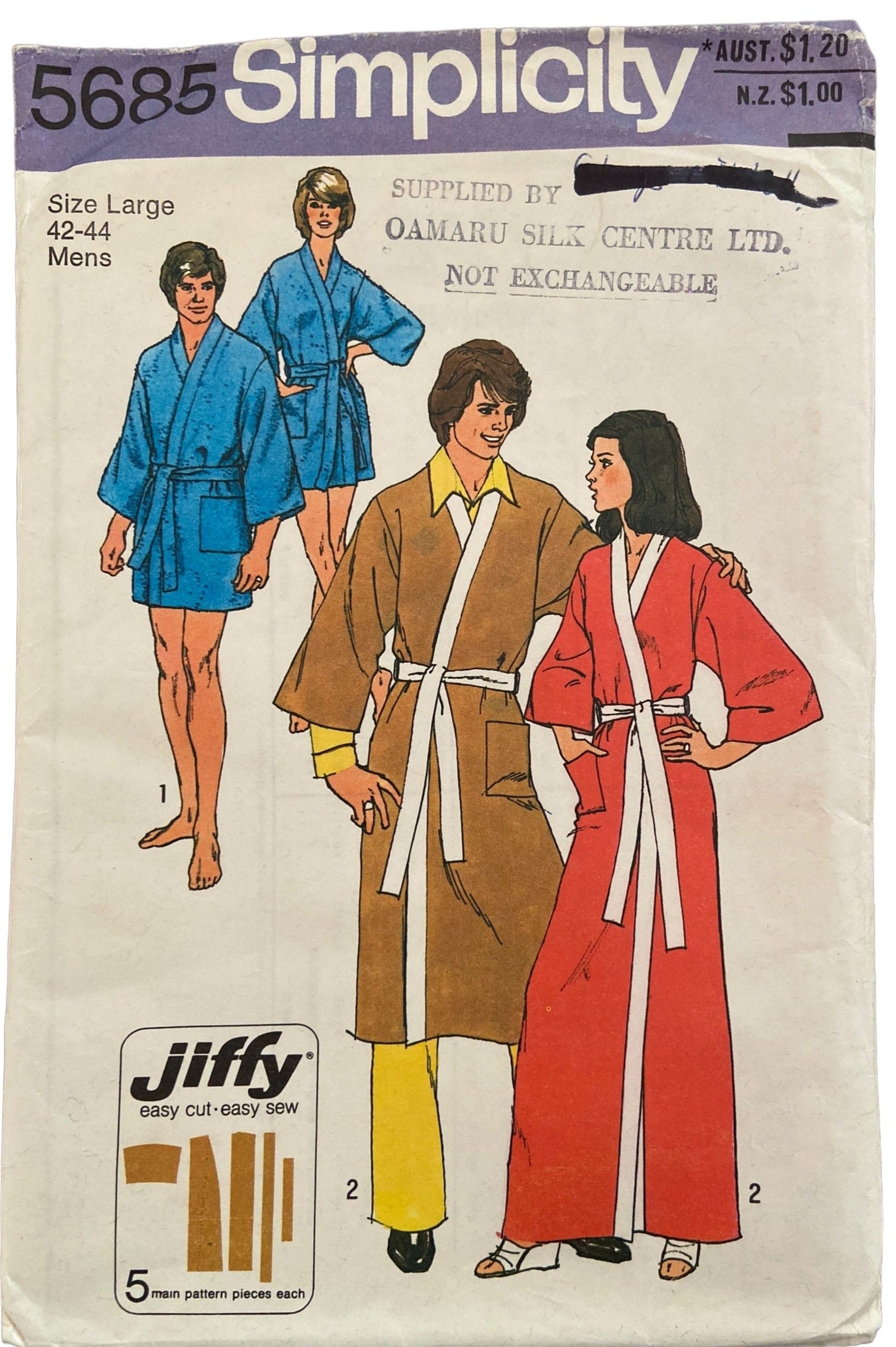 Simplicity 5685 vintage 1970s robe dressing gown sewing pattern Size large Men's 41-44 inch chest