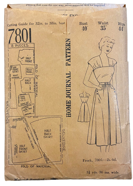 Home Journal 7801 vintage 1940s or 1950s dress UNPRINTED sewing pattern Bust 40 inches